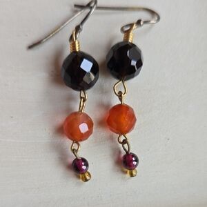 E-025-Handcrafted Gold Tone Earrings with Black Onyx, Carnelian and Garnet Stone